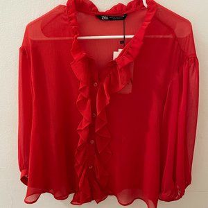 Zara Red Semi-Sheer Blouse with Ruffles